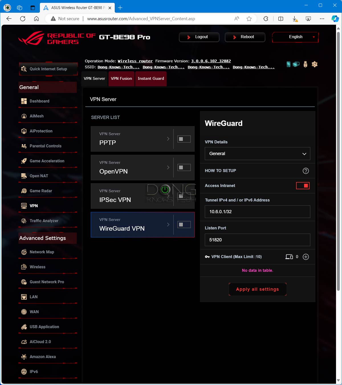 Asus ROG Rapture GT-BE98 Pro Review (vs. Netgear RS700S): An Excellent Next-Gen Top-tier Gaming Router 16 Asus GT-BE98 Pro Interface VPN