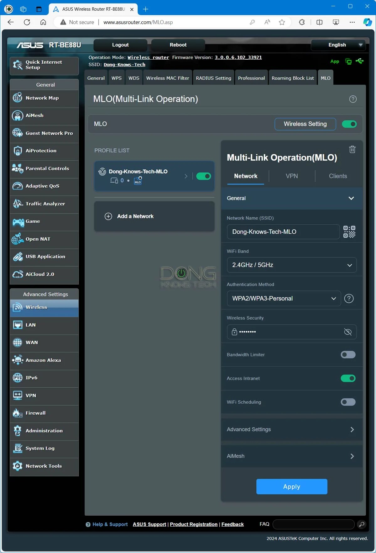 Asus RT-BE88U Review: A Straightforward and Powerful dual-band Wi-Fi 7 Router 12 Asus RT-BE88U Web User Interface MLO