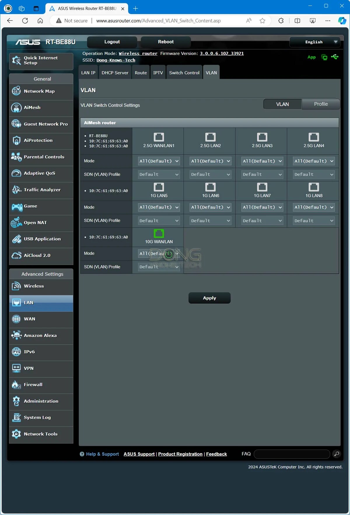 Asus RT-BE88U Review: A Straightforward and Powerful dual-band Wi-Fi 7 Router 15 Asus RT-BE88U Web User Interface VLAN