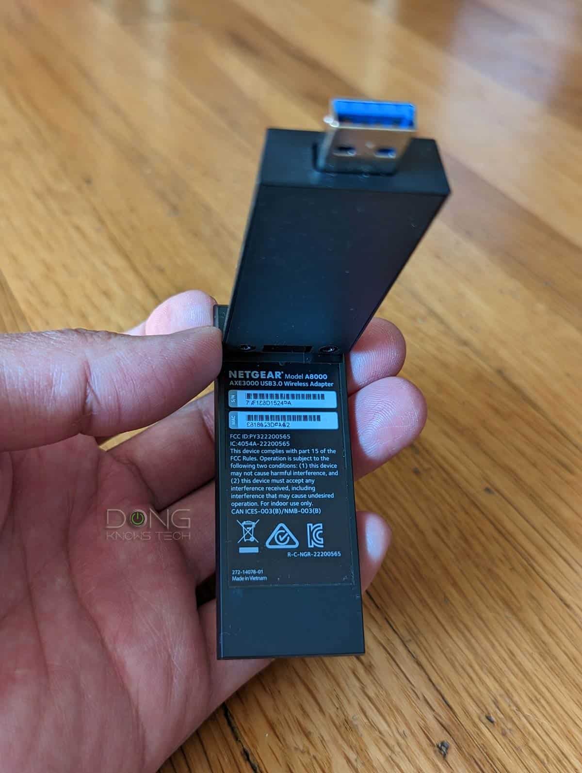 Netgear A8000 Review: A Simple and Effective USB Wi-Fi 6/6E Upgrade 7 Netgear A8000 Wi-Fi 6E Adapter Label